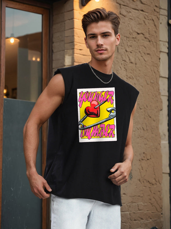 Men Black Sleeveless Graphic Oversized T Shirt