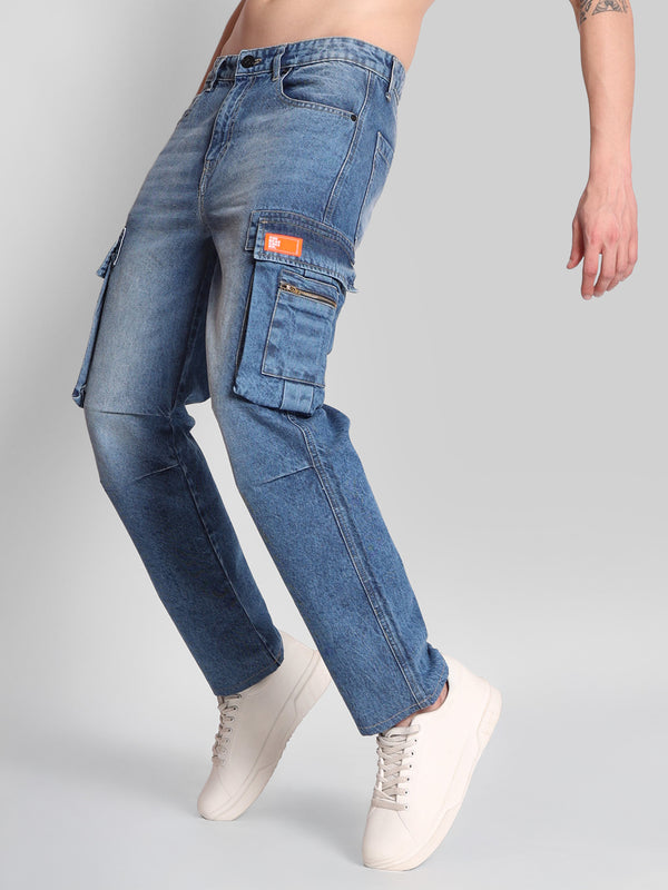 Men Blue Relaxed Fit Denim Cargo Jeans