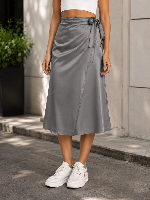Women Grey Satin Wrap-Around Maxi Skirt
