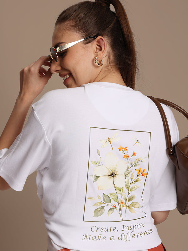 Women White Oversize Floral Graphic Printed T-Shirt