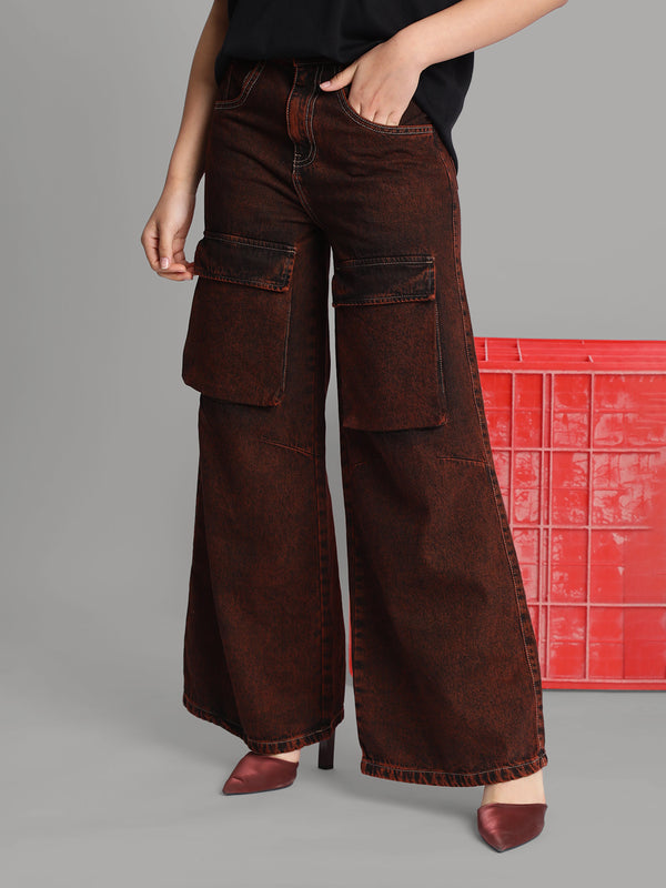 Women Rust Tinted Sustainable Wide-Leg Cargo Jeans