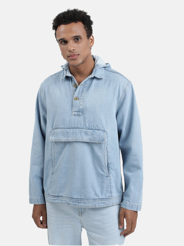 Washed Hooded Pure Cotton Relaxed Fit Denim Jacket