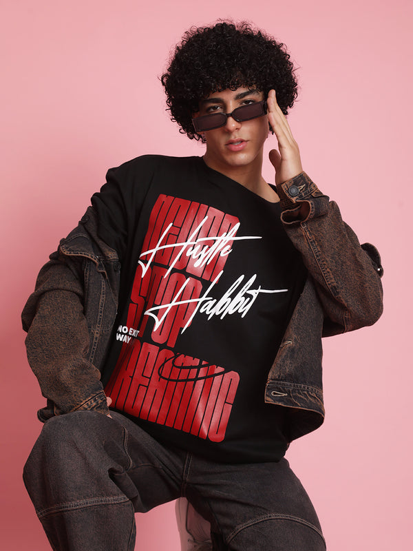 Men Black Printed Oversized T-Shirt