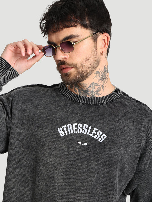 Men printed Washed look reversible drop shoulder black sweater