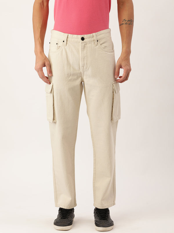 Men Beige Solid Relaxed Fit Denim Cargo Trousers