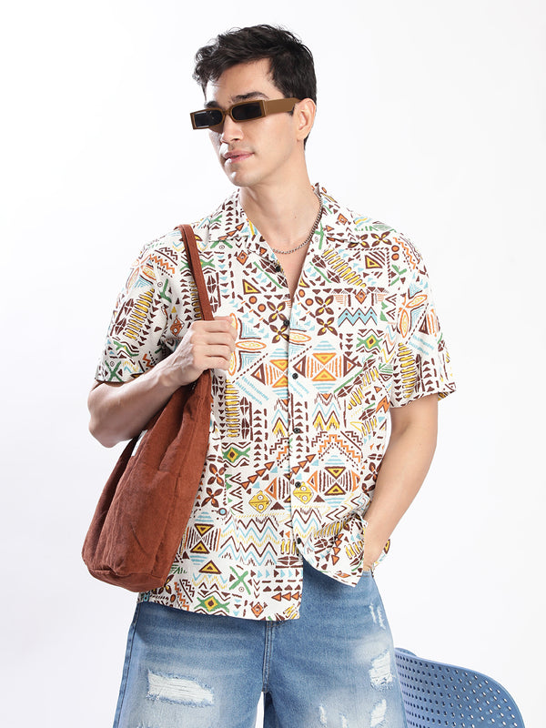 Mens Resort Collar Abstract Casual Shirt