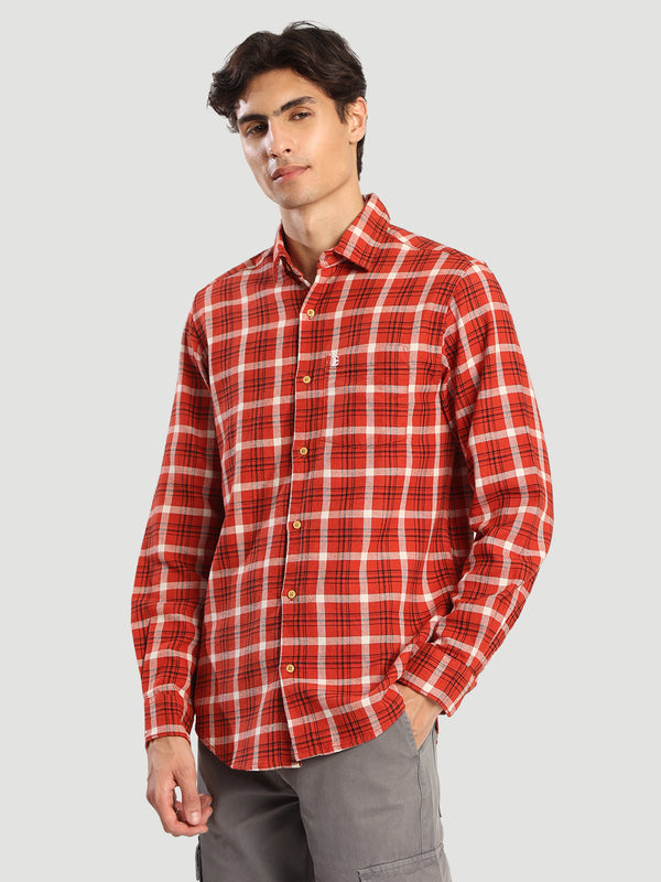 Mens Orange Checked Brand embroidery Regular fit Casual Shirt