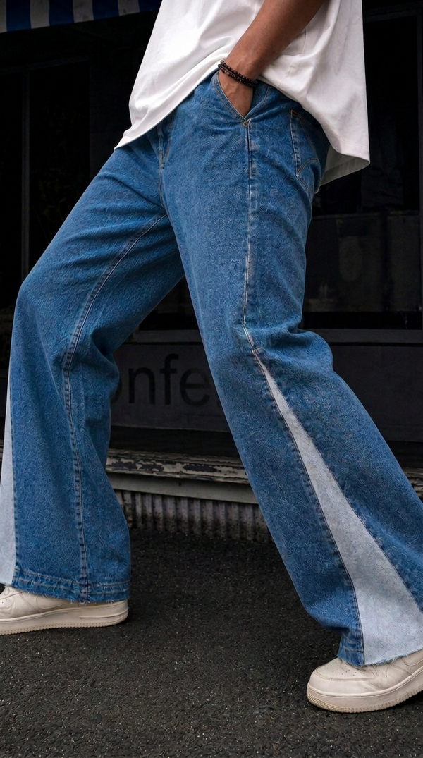 Men Wide Leg Washed Denim with Side Panels