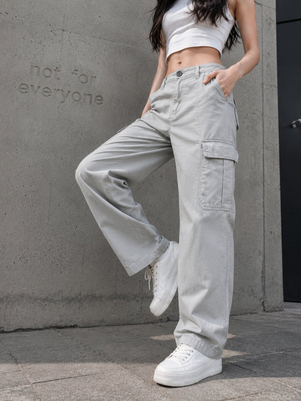 Women Grey Regular Mid-Rise Cotton Cargos Trousers