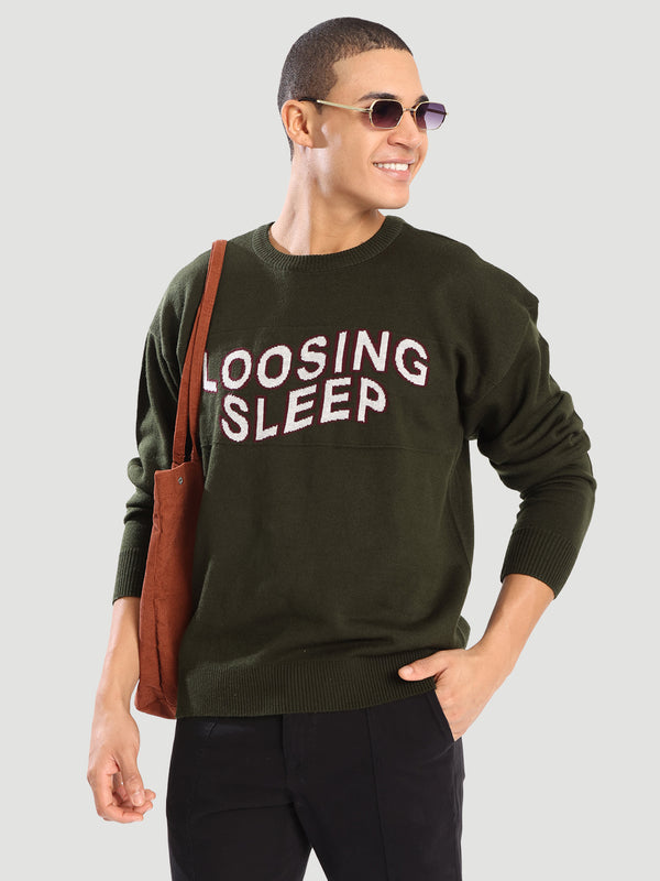 Men Olive relax fit graphic knitted sweater
