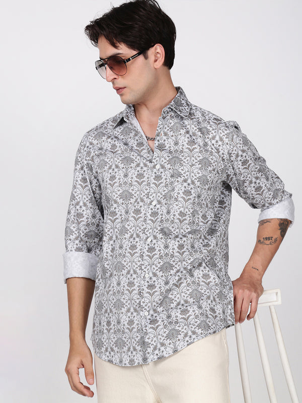 Men Grey Slim Fit Printed Single Pocket Shirt