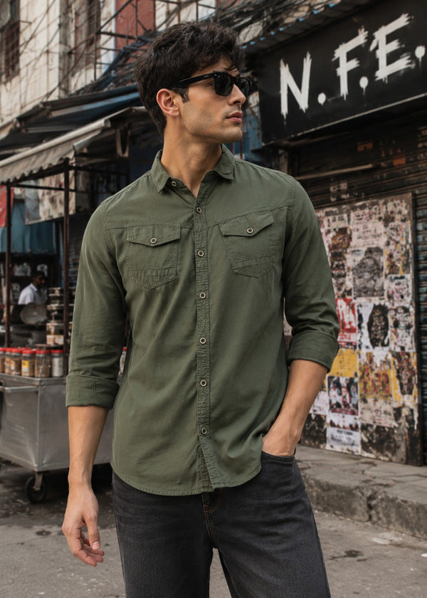 Men Olive Green Slim Solid Casual Shirt