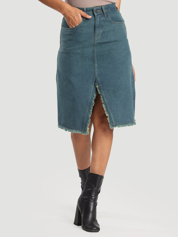 WOMENS DENIM regular fit SKIRT WITH FRONT SLIT & FRAYING