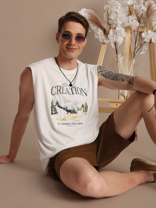 Men Light Beige Oversize Graphic Printed T-Shirt