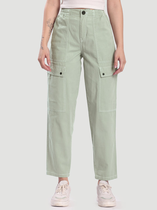 Women Grey Carrot Fit Contrast Stitch Cargo Trousers