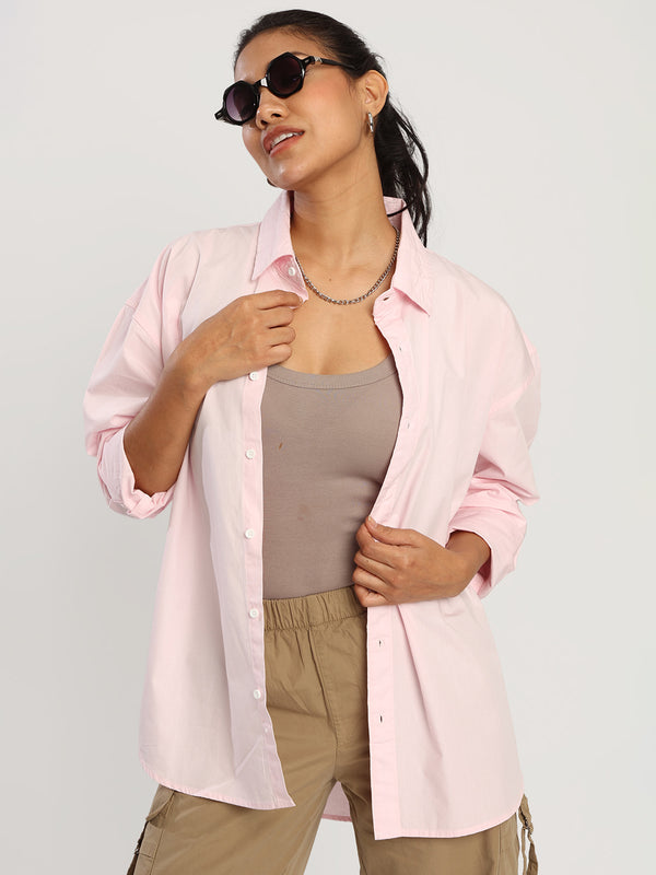 Women oversize drop shoulder pink casual shirt