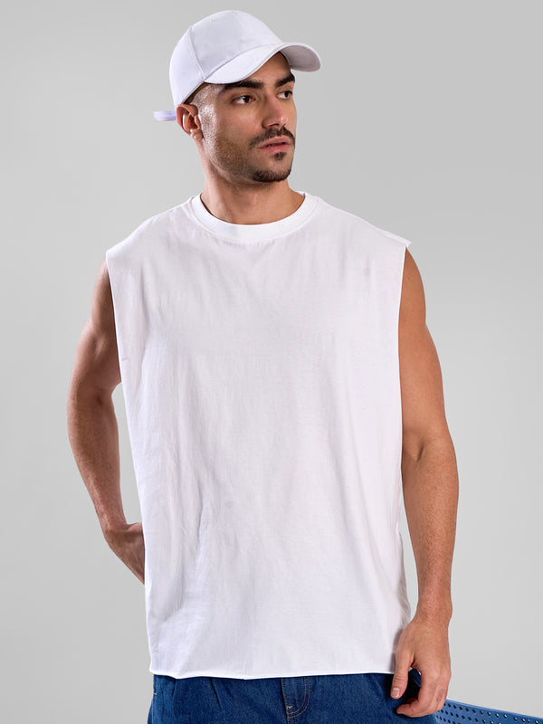 Men White Sleeveless Oversized T Shirt