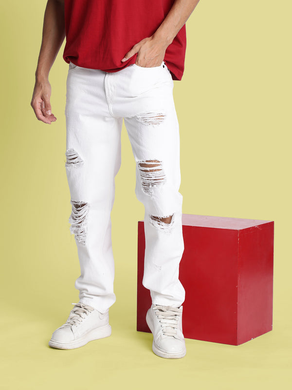 Men White Medium Distress Relax Fit Jeans