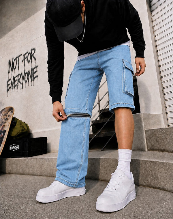 Men Blue Straight Convertible Cargo Denim Trouser