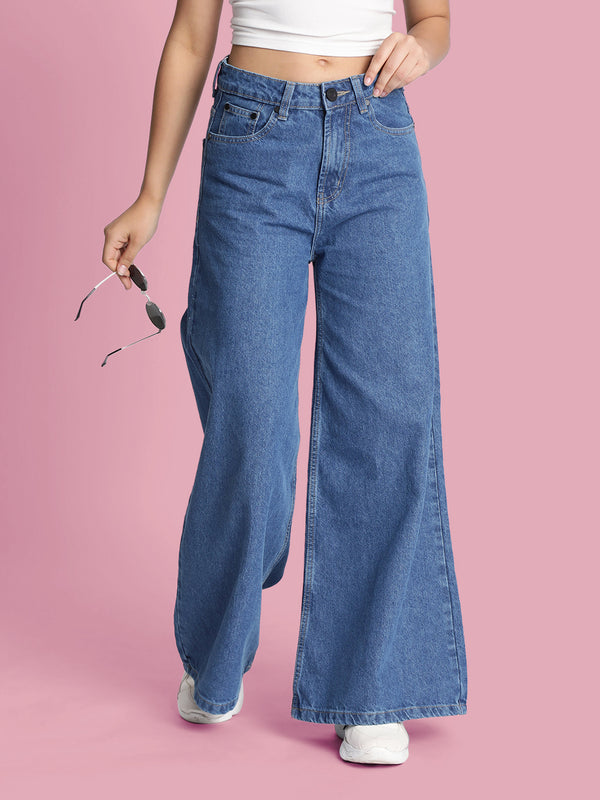 Women Blue Solid Super Wide Leg Denim Jeans