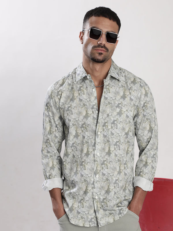 Men Light Yellow Slim Fit Floral Print Shirt