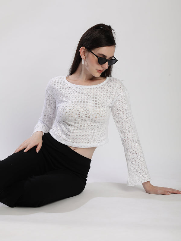 Women White Boat Neck Full-Sleeve Crop Top