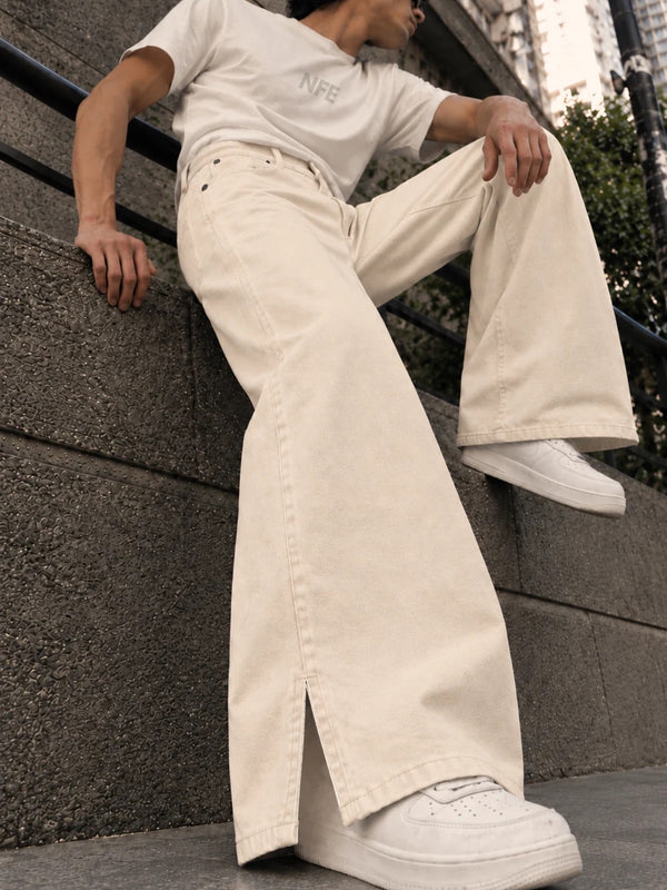 Men Ecru Wide Leg Slit Jeans
