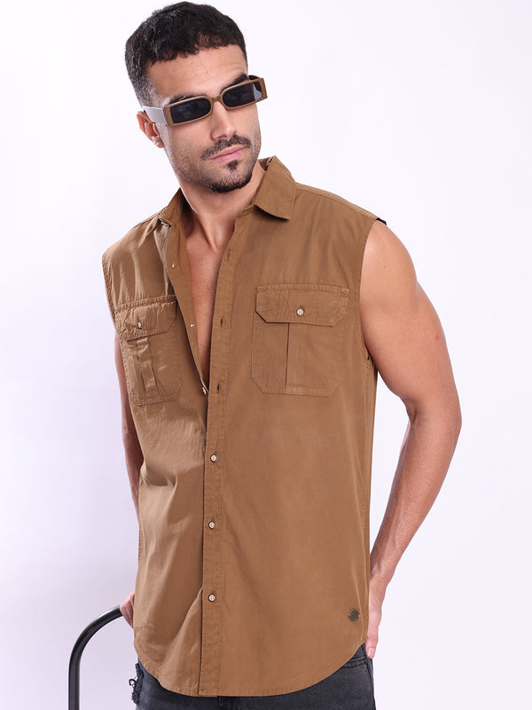 Men Cargo Style Sleeveless Regualar Shirt