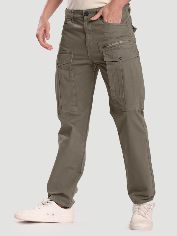 Men Brown Cargo Trousers with Zip Detail