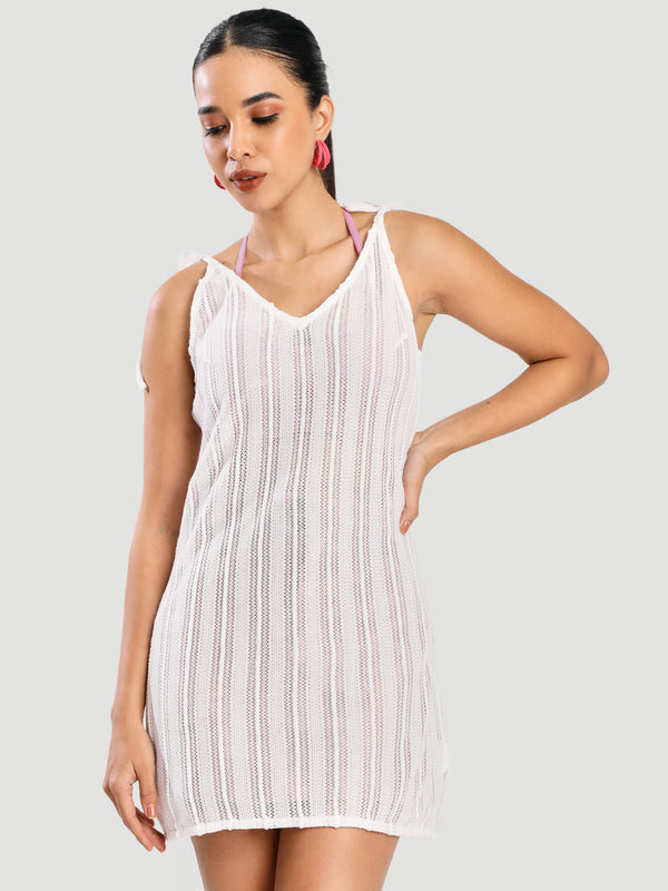 Women Tie Up Textured See Through A-Line Dress