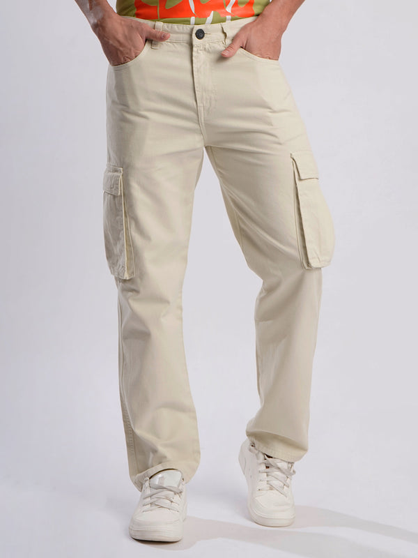 Men Cream Relax Fit Cargo Trousers
