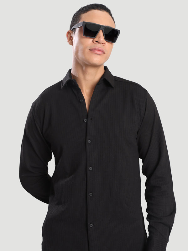 Men Black Textured  Regular Fit Spread Collar Shirt
