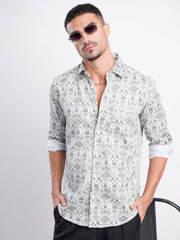 Men Pastel Green Slim Fit Printed Single Pocket Shirt