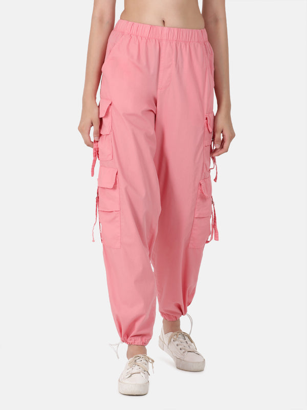 Women Peach High-Rise Overdyed Parachute Fit Cargo Trousers