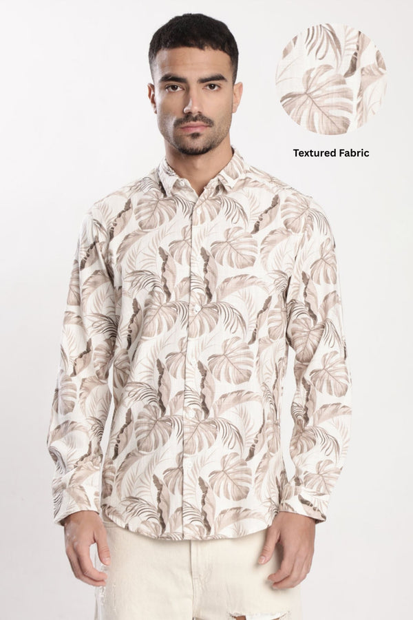 Men Cream and Brown Tropical Printed Slub TextureShirt