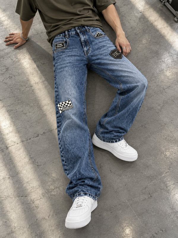 Men Blue Relaxed Fit Badge Side Slit Jeans