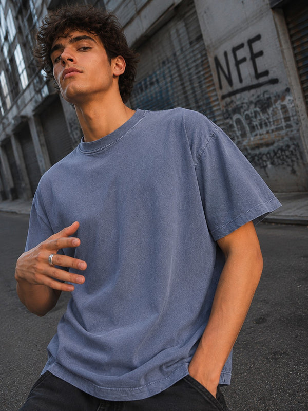 Men Washed Effect Solid Round Neck Pure Cotton Oversized T-shirt
