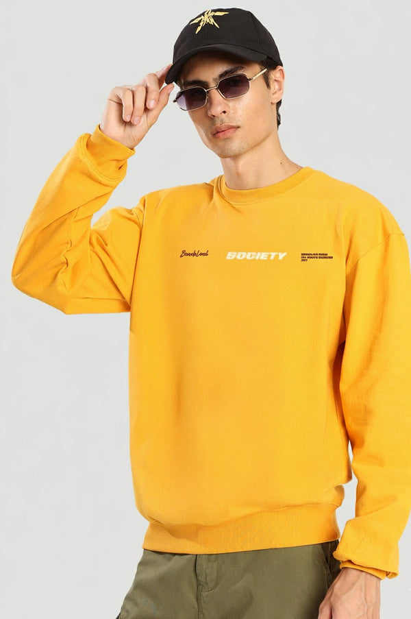 Men Crew Neck Drop Shoulder Graphic Printed Mustard Sweatshirt