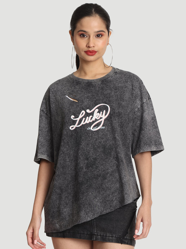 Women Oversize Acid Wash Floral Graphic Printed T-Shirt