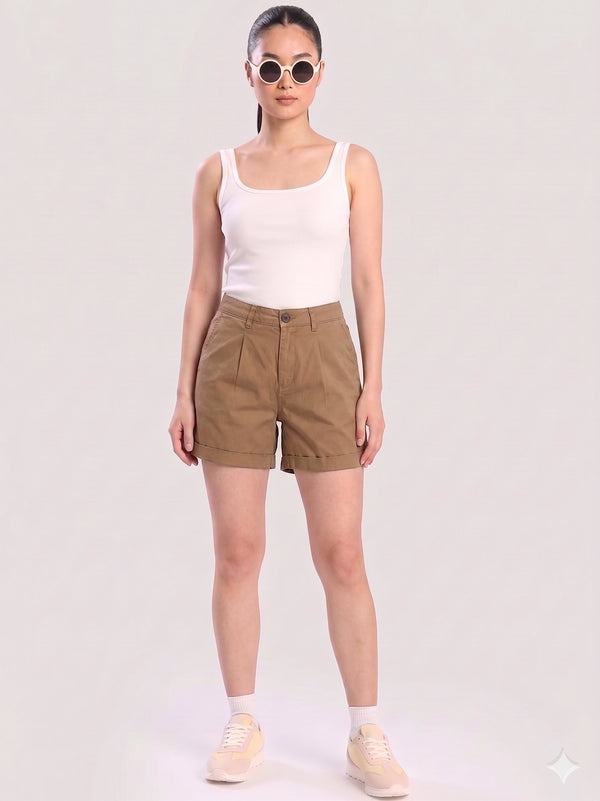 Women Ivory Beige Solid Regular Fit Shorts
