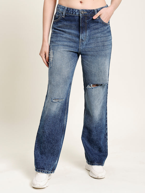 Women Blue Straight-Fit Distressed Jeans