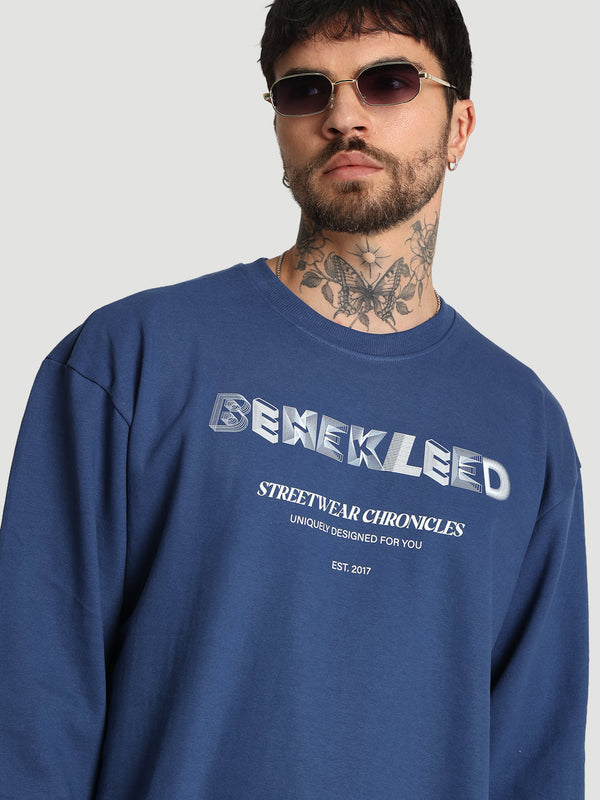 Men Crew Neck Drop Shoulder Graphic printed Navy Sweatshirt