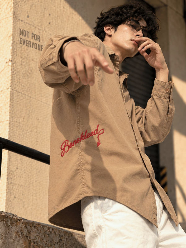 Men Ivory Beige Oversized Embroidered Shirt
