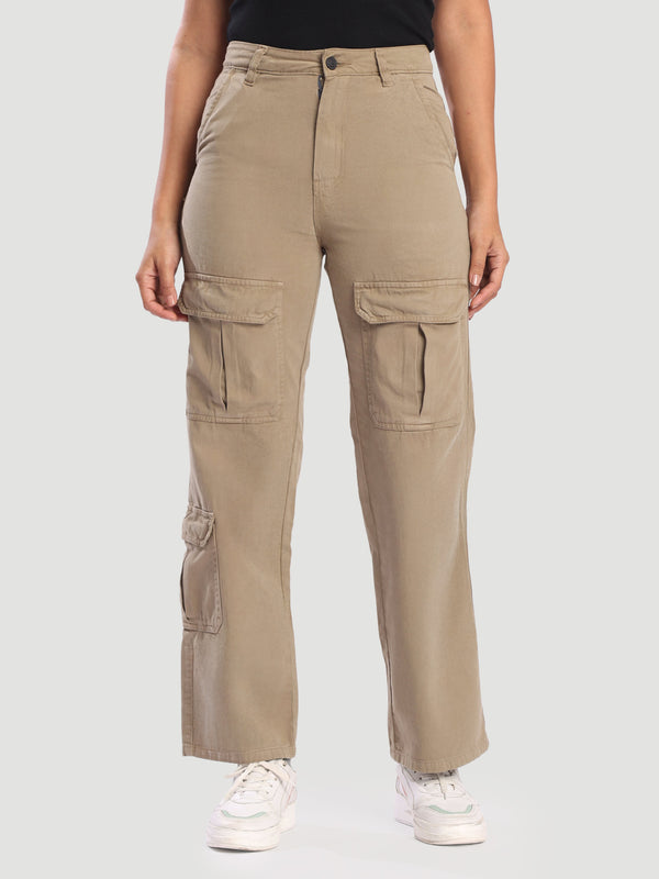 Women Brown Straight Fit High-Rise Cotton Cargos Trousers