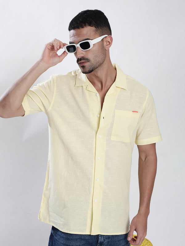 Men Yellow  Cotton Linen Resort collar Shirt