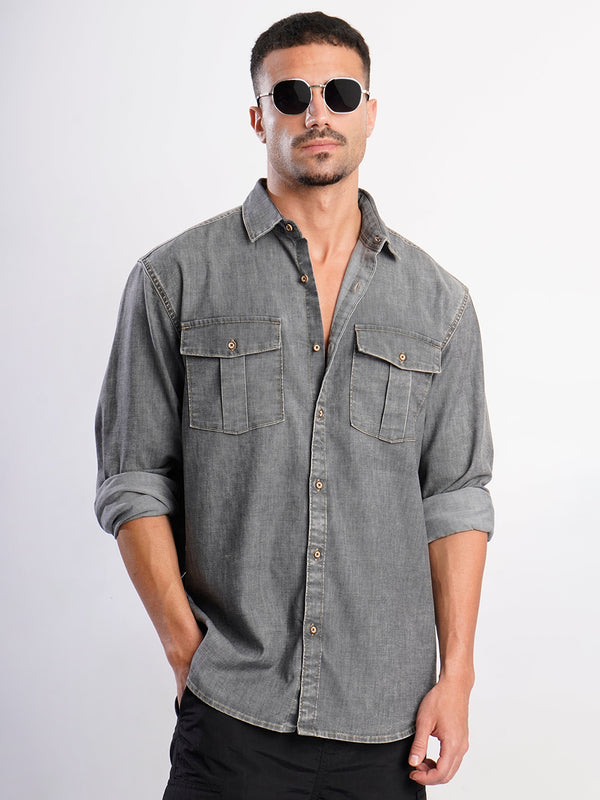 Men Charcoal Grey Relax Fit Denim Shirt