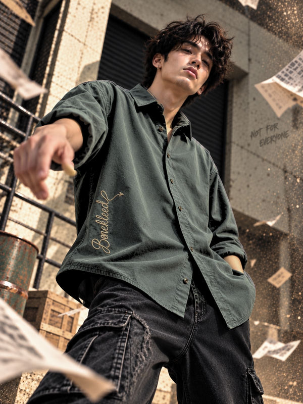 Men Grey Oversized Embroidered Shirt