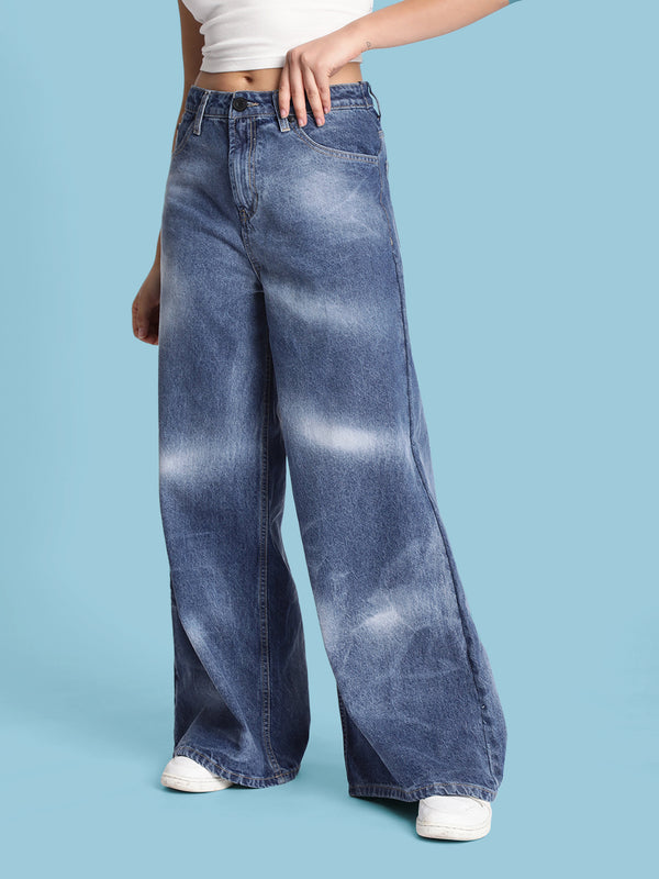 Women Wide-Leg Dark Shade Blue Jeans