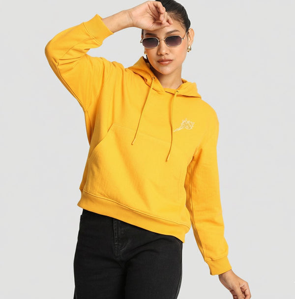 Women Mustard Relax Fit Kangroo Pocket Graphic Printed Hoodie