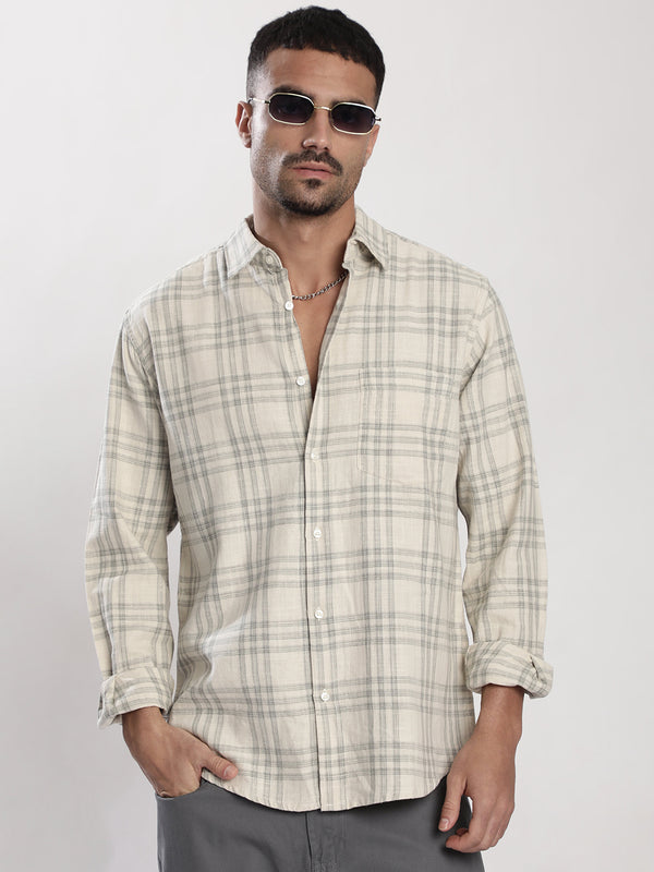 Men Beige Checked Single Pocket Shirt